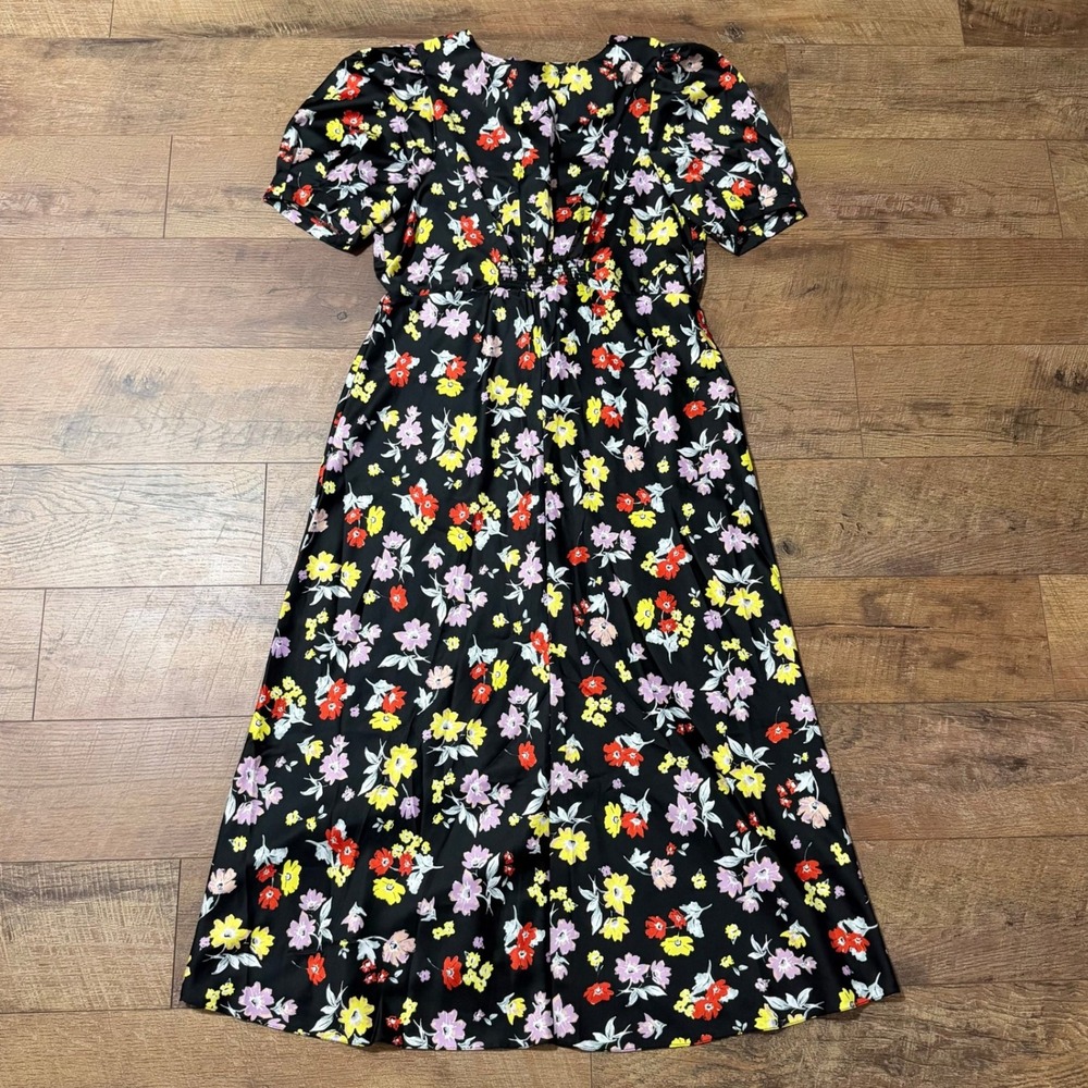 ASOS Design Black Floral Puff Sleeve Midi Dress V-Neck Size US 14 - Picture 2 of 7
